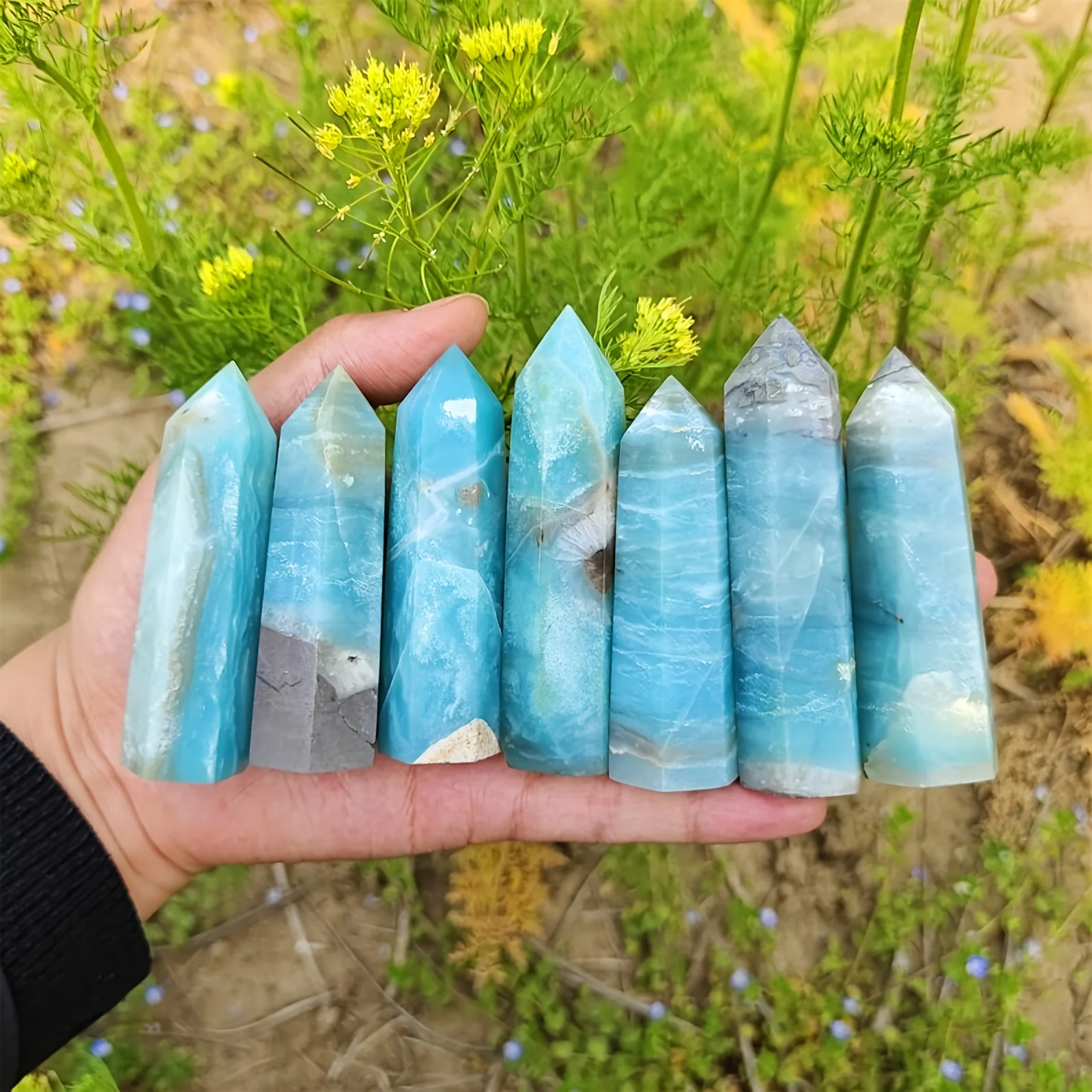 

CrystalHola Natural Blue Caribbean Amazonite Tower Hexagonal Point Prism Quartz Pillar Ornament Ideal for Home Office Decoration