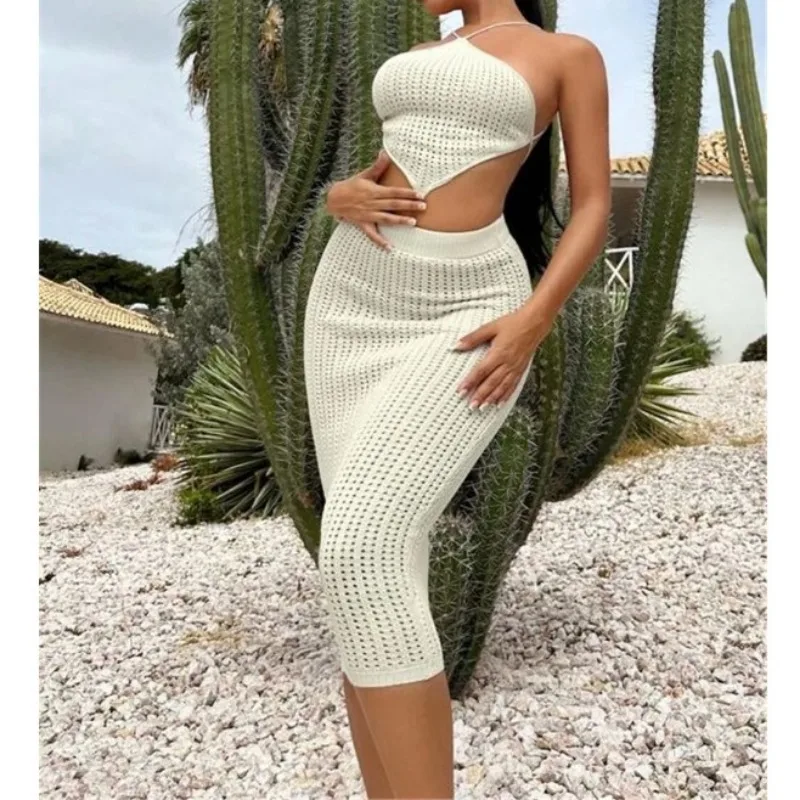 

Summer New Asymmetric Sexy Knitted Tank Top & Hip Wrap Skirt Set Street Trendsetters Fashion Vacation Sweater Outfits for Women