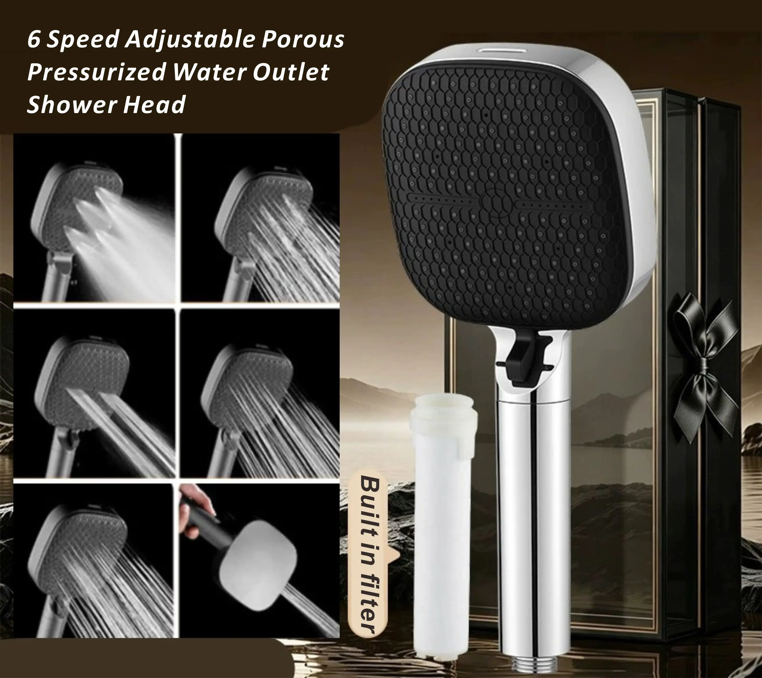 New High Pressure Water Saving 6 Modes Filter Shower Heads Adjustable One-Key Stop Water Massage Sprayer Bathroom Accessories