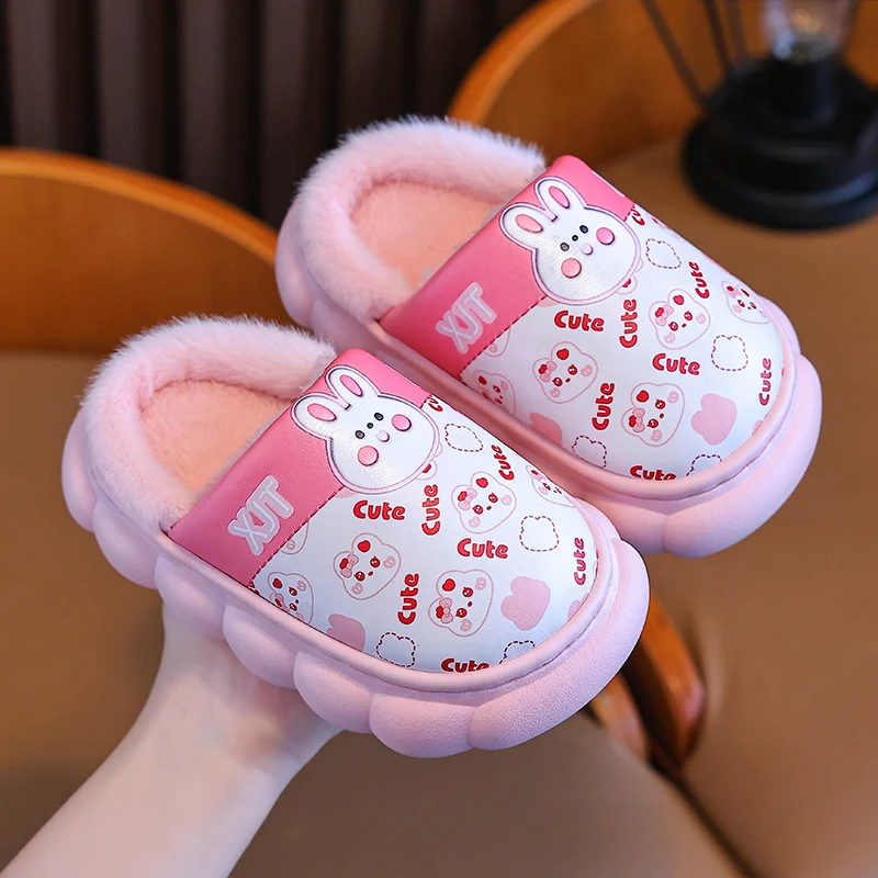 New Winter Waterproof Cute Animals Warm Indoor Mule Soft Non-slip Fluffy Slippers For Kids Boys Girls Children Home Cotton Shoes