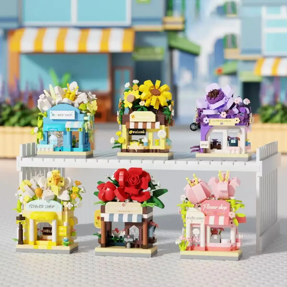 Viele Stile, Märchenstadt, Straße, Sonnenschein, Blumenhaus, Bausteine, Spielzeug, Traumblumenladen, architektonische Kinderornamente