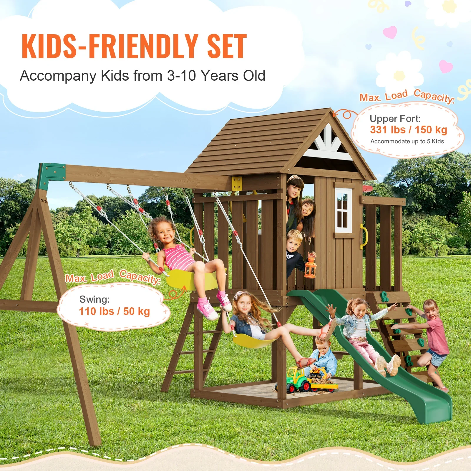 Wooden Swing Set 9/10 IN 1 Outdoor Playground Sets For Backyards 2 Swings Trapeze Bar 6 FT Slide Large Upper Fort 3
