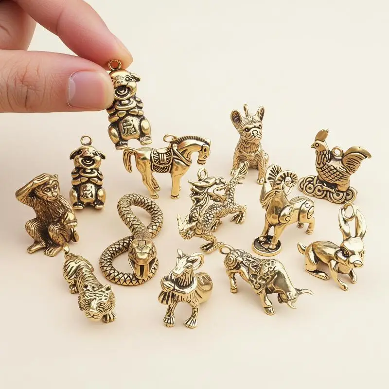 Retro Chinese Twelve Zodiac Statues Bull Dragon Ornament Sculpture Copper Miniatures Figurines Zodiac Key Pendant Home Decor