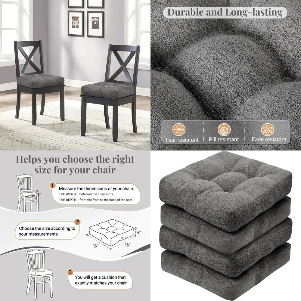 

Thick 16x16 Seat Cushions, Non-Slip Dining Chair Pads, 4-Pack, Dark Grey Kitchen Chair Covers