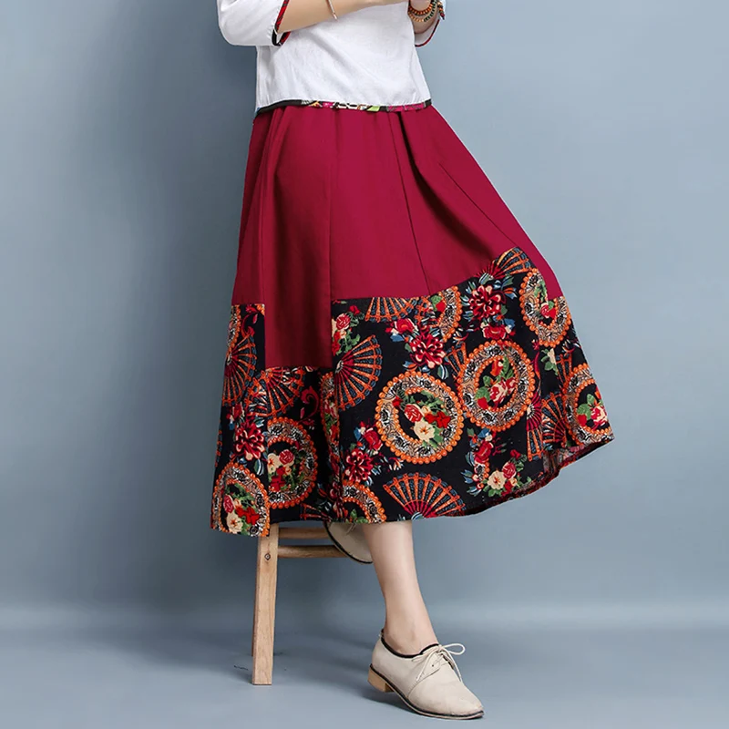 

Streetwear Embroidery Woman Clothes Casual China Style Print Cotton Linen Spring Autumn Skirts Women Womens Long Skirt Harajuku