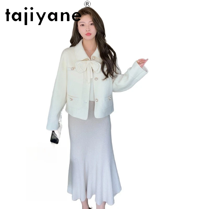 

TAJIYANE, короткое пальто из 100% шерсти, женская верхняя одежда с бантом, офисная женская элегантная женская одежда, зимние пальто премиум-класса 2025, пальто женское