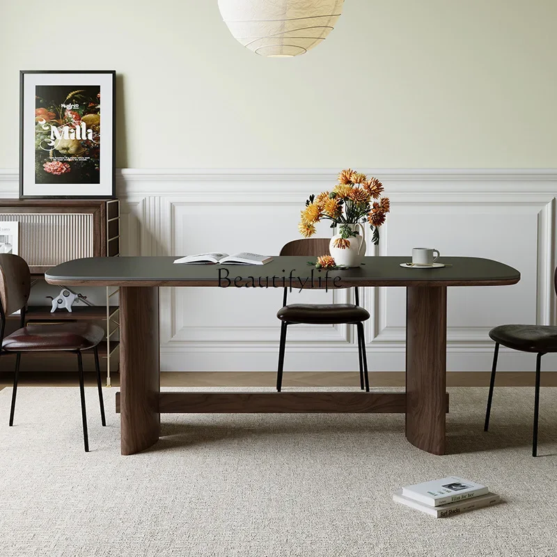 Solid wood dining table Nordic wabi style walnut color rectangular black rock slab dining table