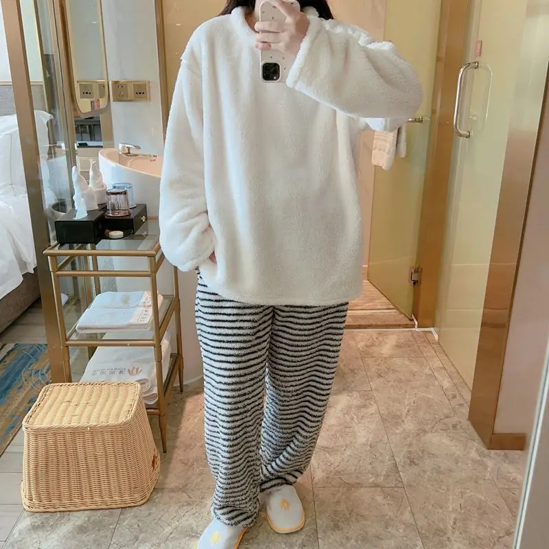 Striped Sleepwear Women Pajama Sets Fleece Korean Piiama Winter Night Wears Long Sleeve Home Suit Warm Casual Sets 2 Pieces New