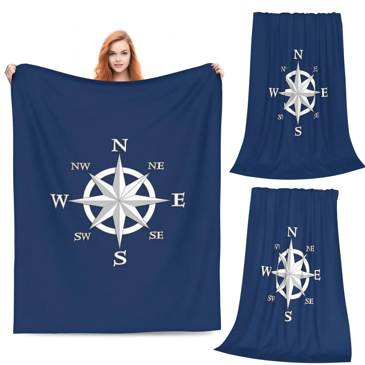 

Eight Point Compass Rose, White And Navy Blue Blanket Flannel Throw Blankets for Couch Bedding Travel Throws Bedspread Quilt