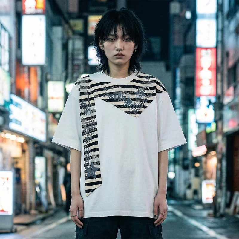 

100% Cotton Patchwork T-Shirt Men Women Oversized Streetwear Striped Applique Tee Hip Hop Harajuku Vintage Short Sleeve Top S-XL