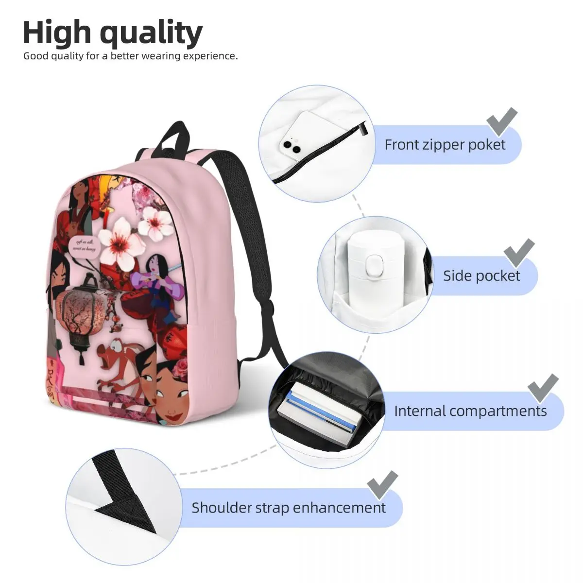 Mochila personalizada de dibujos animados para hombre y mujer, morral para ordenador portátil de princesa Mulan, mochila informal para estudiantes universitarios