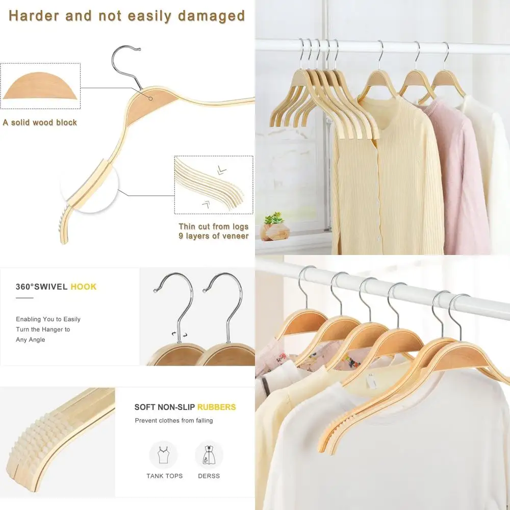 

Natural Wood Hangers with Soft Non-Slip Grips, 30-Pack High-Quality Fashion Hangers for Various Clothing Types