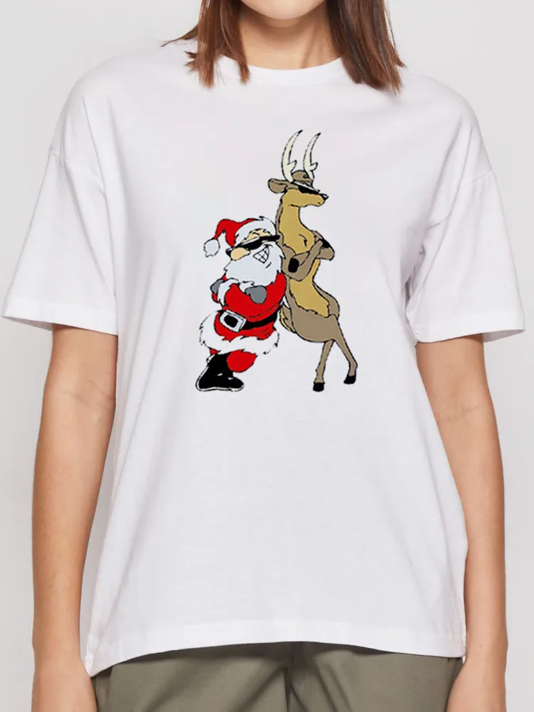 

Happy New Year Fashion Female T-Shirts Santa and Elk Funny Pattern Short Sleeve T Shirt Harajuku Trend Graphic Tops