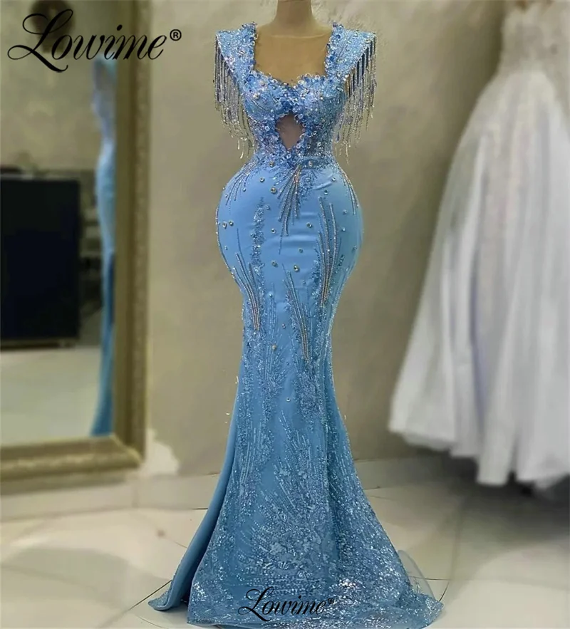 

Blue Beading Tassels Party Dresses Capped Sleeve Mermaid Long Evening Gowns 2023 Robe Crystals Custom Plus Size Celebrity Dress