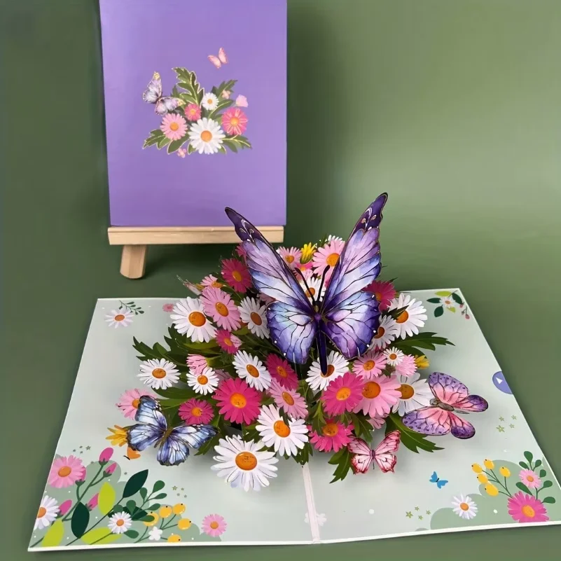 

1Pc Vibrant 3D Pop-Up Greeting Card, Colorful Butterflies & Daisies, Perfect For Birthday Mother's Day Wedding