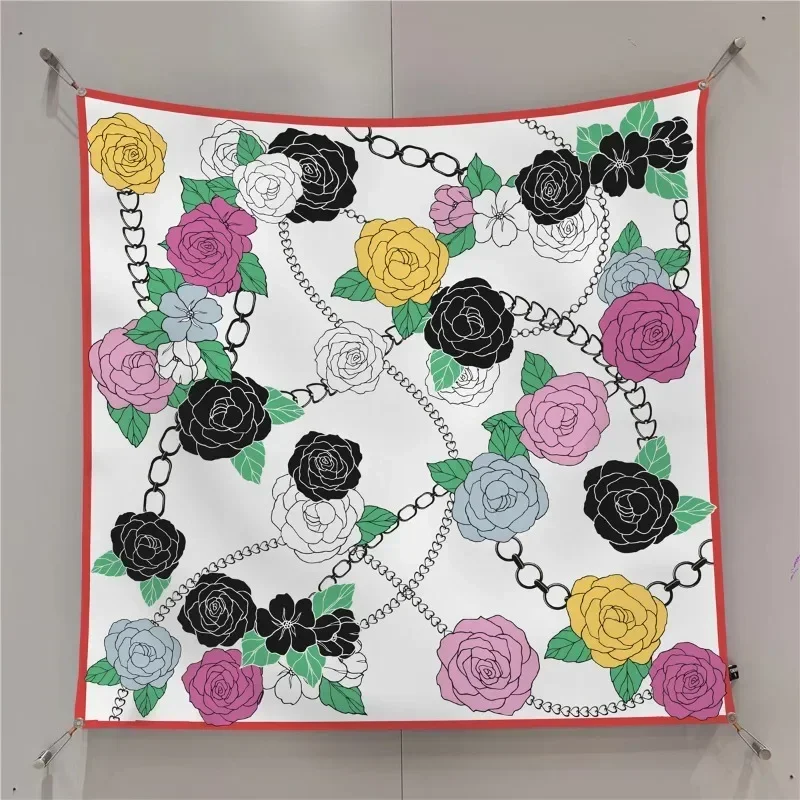 

90cm Square Scarf Handmade Table Print Right Angle Rolled Edge European and American Versatile Shawl Women's Headscarf Diagonal