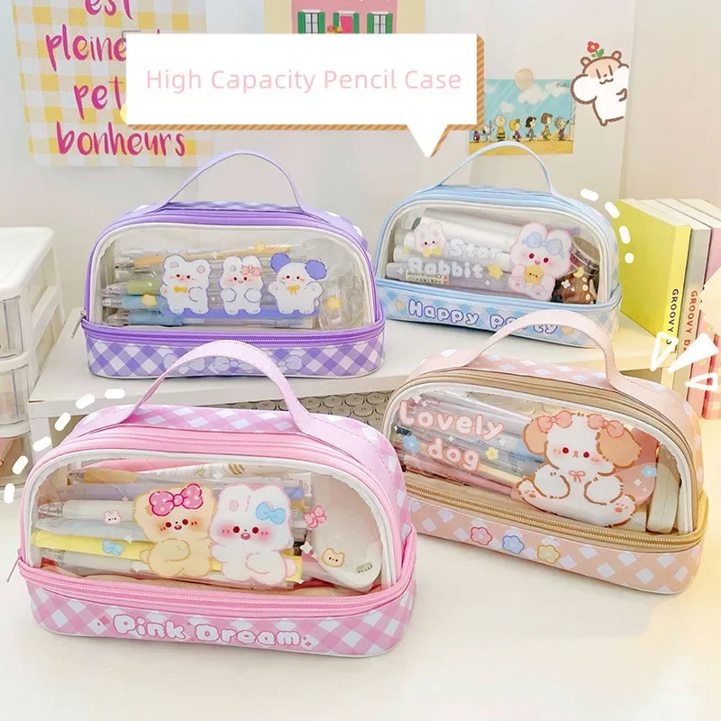 Cute Transparent Pencil Case Kawaii Bunny Bear Pencil Pouch 2- Layer High Capacity Waterproof Protable Stationery Storage Bag