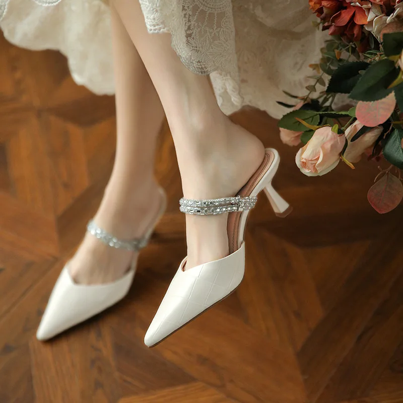 

High Heels Women's Sandals Summer 2025 Elegant Pointed Toe Black Party Shoes Fashion Womens Slippers
