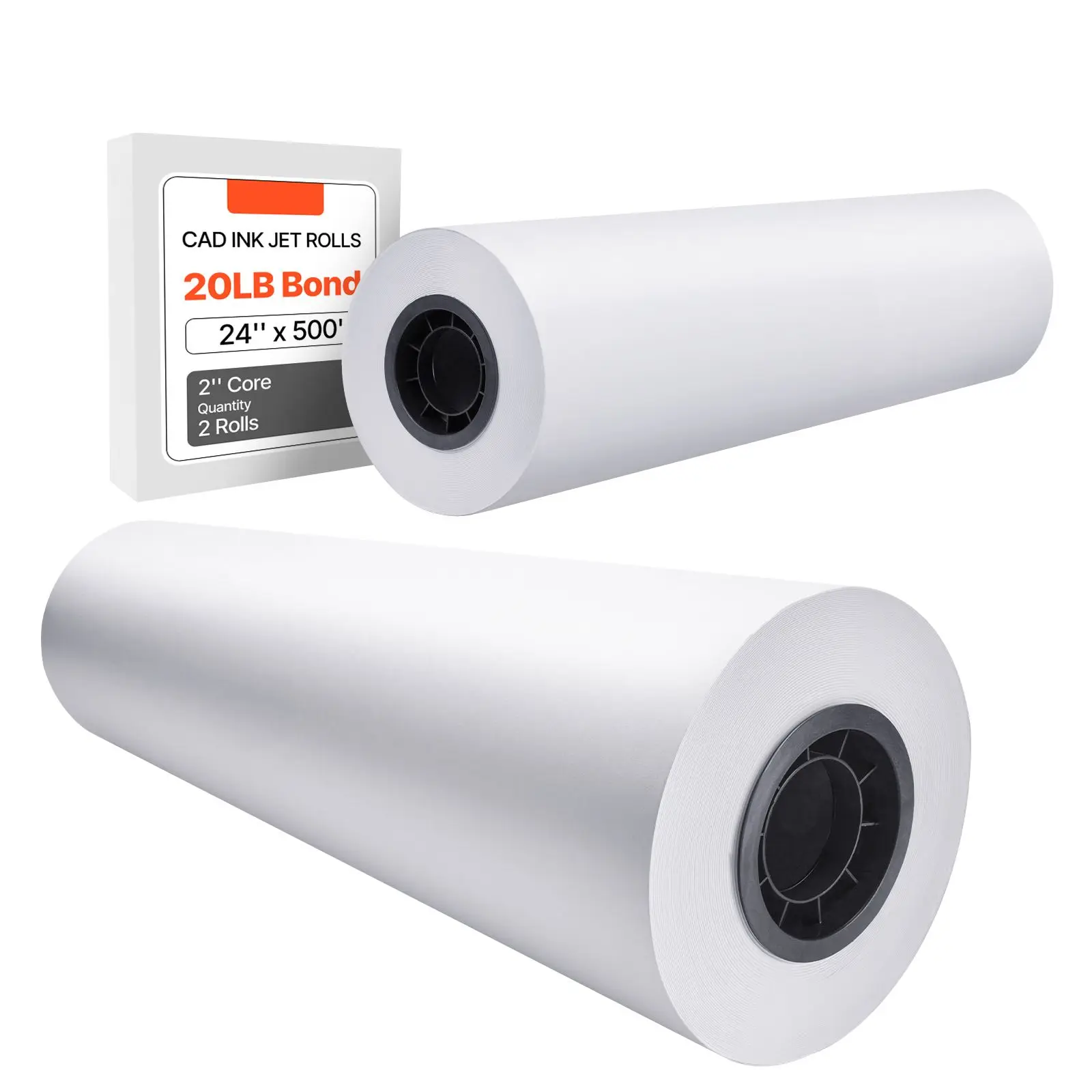 Wide Format Paper, 24 in x 500 ft Plotter, 2 Rolls CAD Bond with 3 in Core, 20 LB, Idea for Drawings, Engineering Plans, GIS