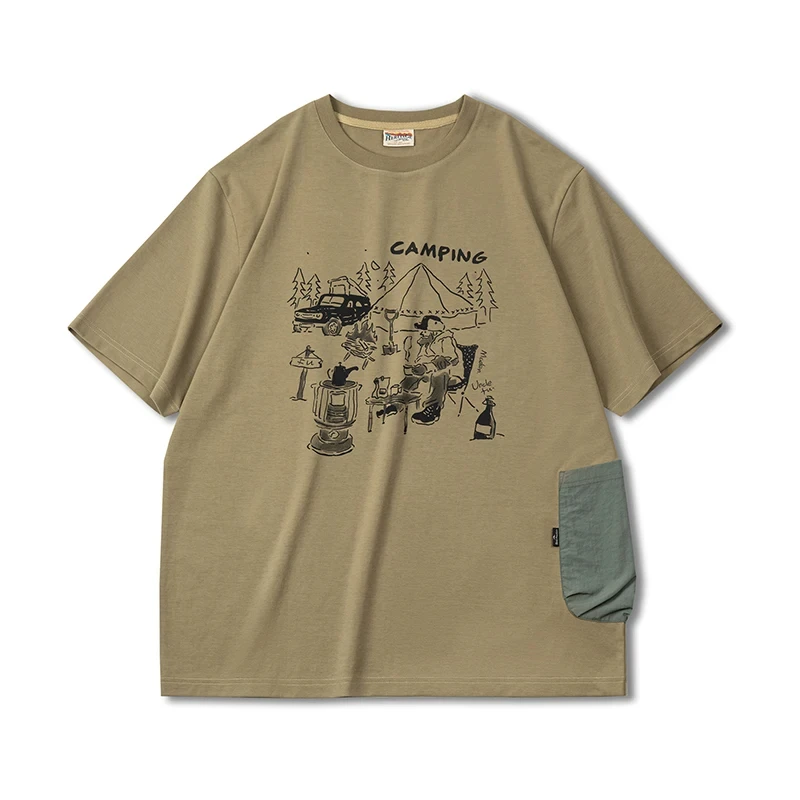 Maden męska zabawa na świeżym powietrzu drukuj t-shirty z krótkim rękawem Khaki Camping koszulka z nadrukami 20223 lato Vintage topy typu oversize T