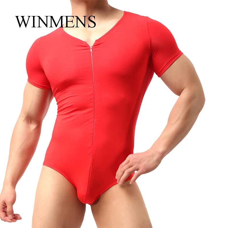 Adult Men\'s V-neck Modal Jumpsuit Solid Short Sleeve Zipper Bodysuit Male One Piece Close-fitting Pajamas Home Lounge Wear