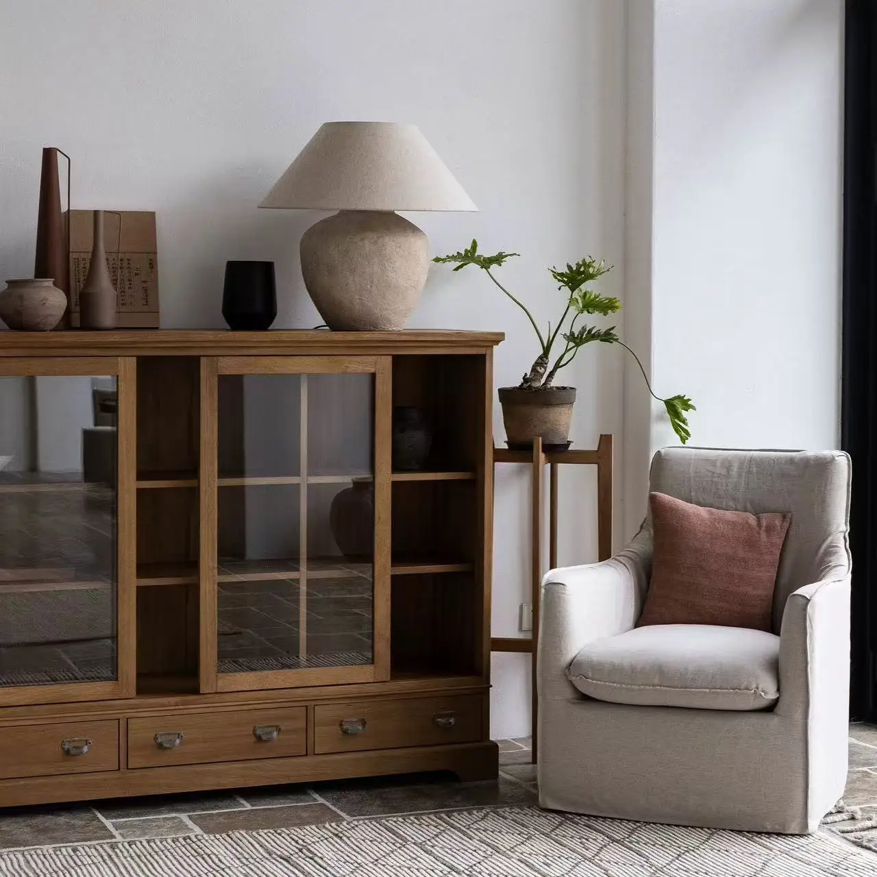 #Living Room Minimalist Handmade Space Saving Solid Teak Wood Glass Door Drawer Storage Cabinet