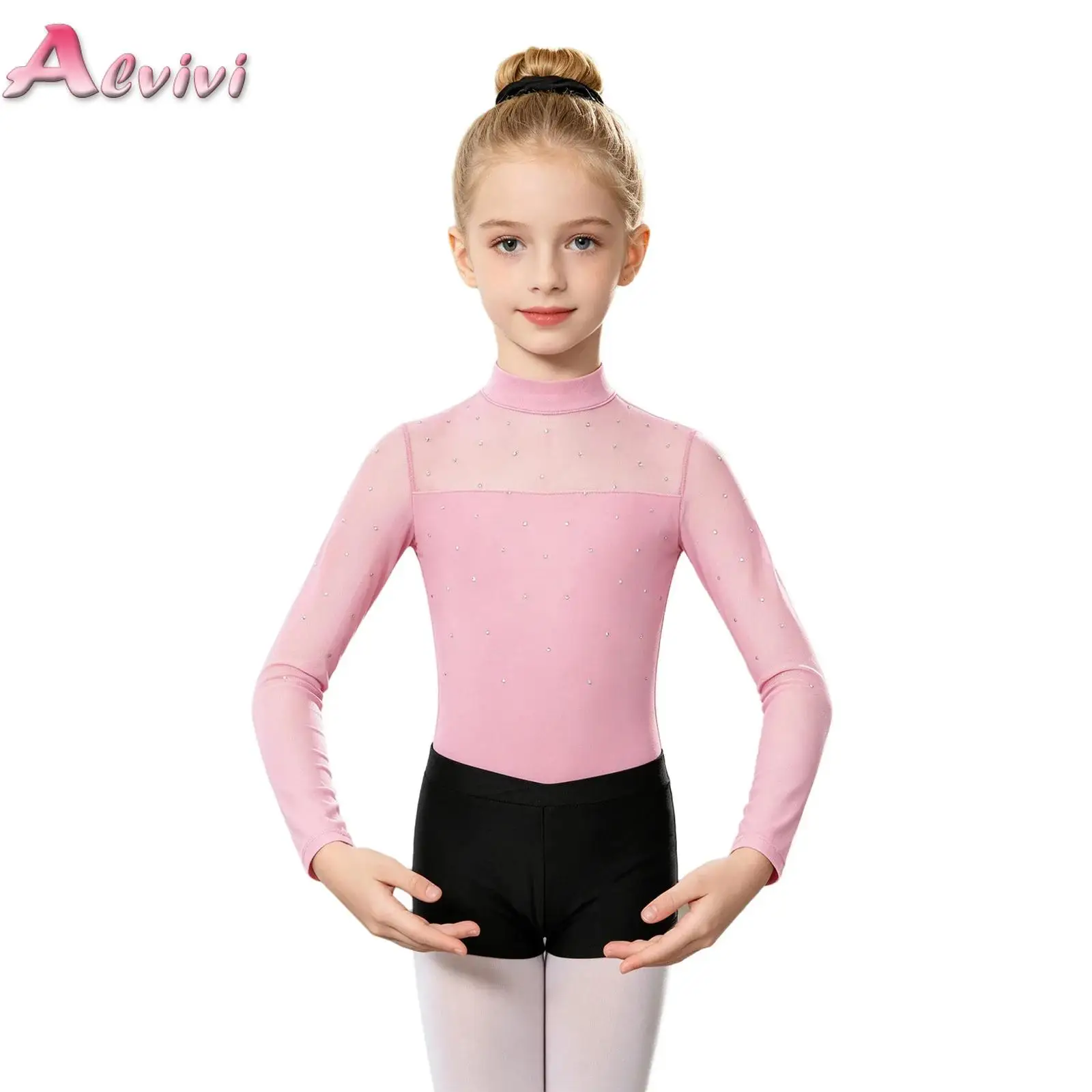 

Kids Girls Gymnastics Ballet Dance Outfit Mesh Patchwork Long Sleeve Rhinestone Leotard withShorts And Hair Band Sportswear Set
