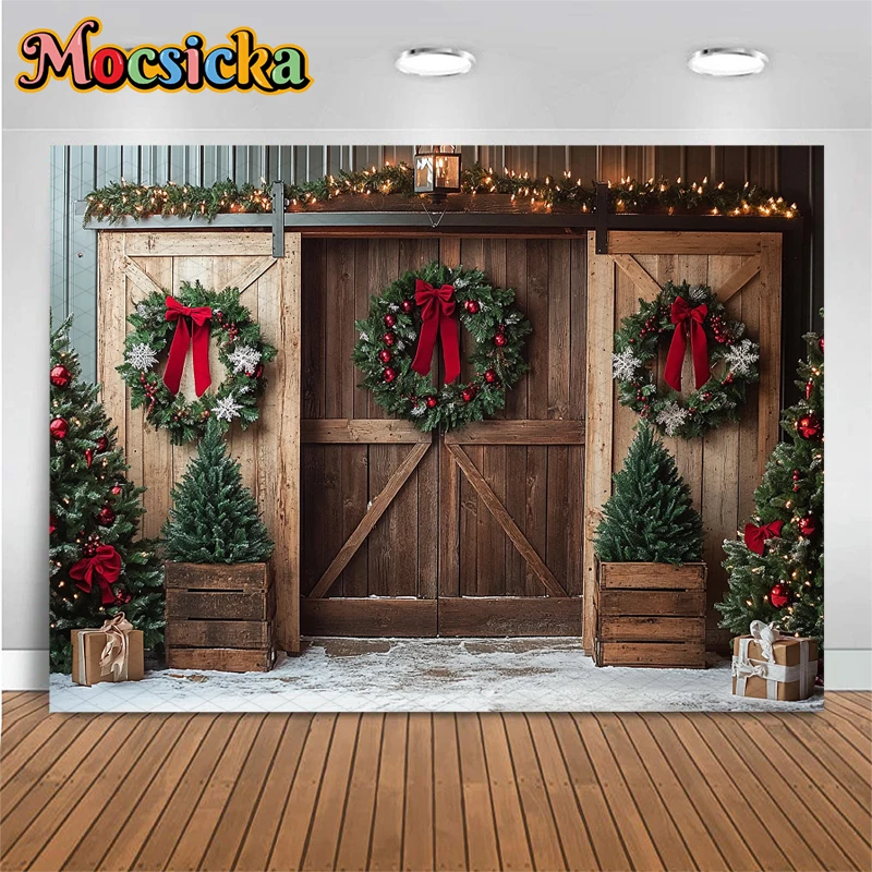 Mocsicka Christmas Tree Background Photography House Door Room Wreath Wood Wall Backdrops Shooting Props Home Decorations Studio