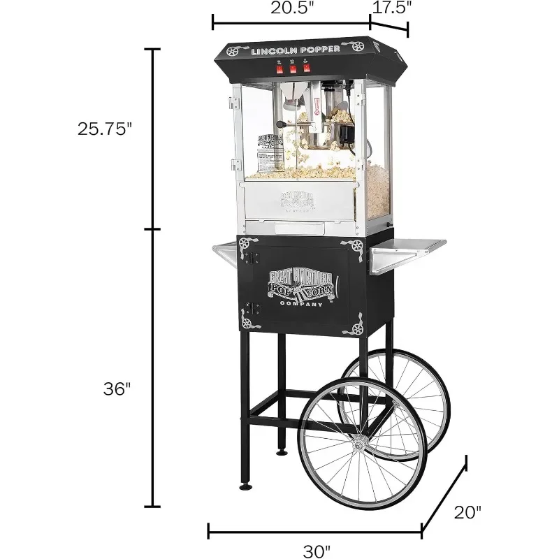 Máquina de palomitas de maíz Lincoln con carrito - Popper de 8 oz con hervidor de acero inoxidable, luz de calentamiento