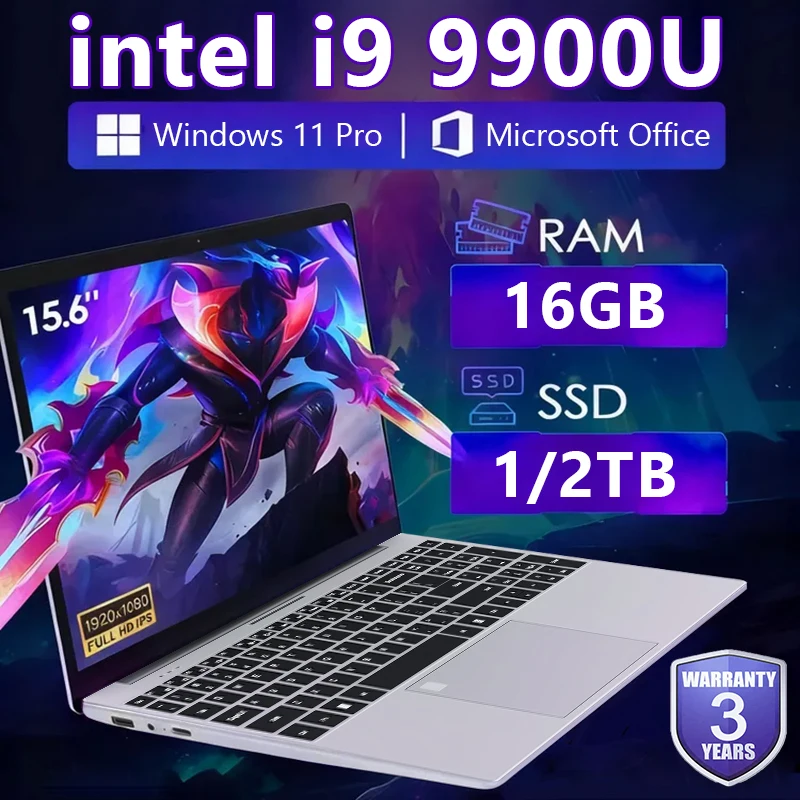 

2026 Office Laptop Intel Core i9 9900U 15.6 inch Windows 11 16GB RAM 1TB 2TB SSD Portable Slim Gaming Laptops PC Gamer Computer