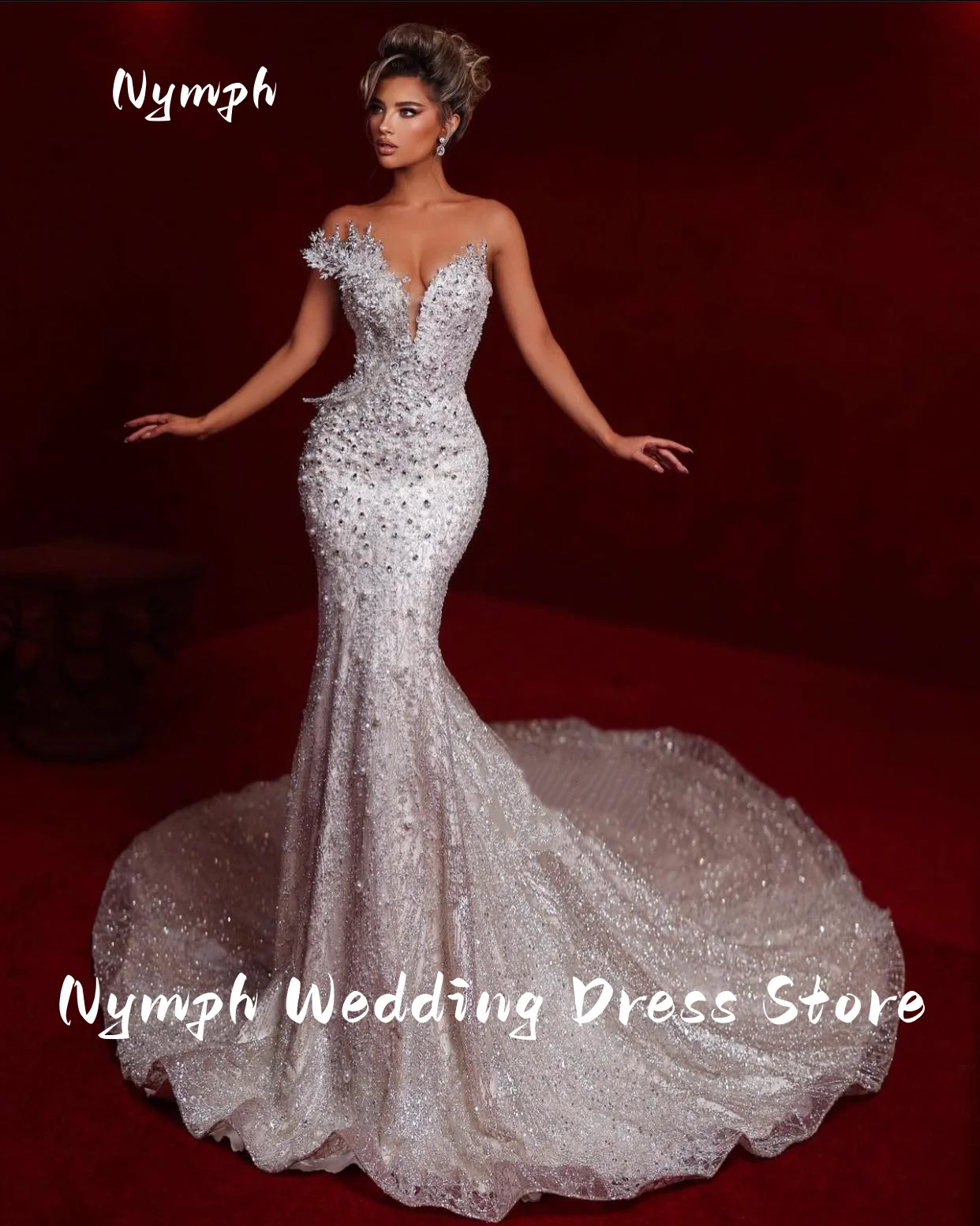 Customiz Exquisite Wedding Dress Sleeveless Deep V Neck Sexy Beaded Appliques Sequins Bridal Gowns Plus Size Vestido De Novia