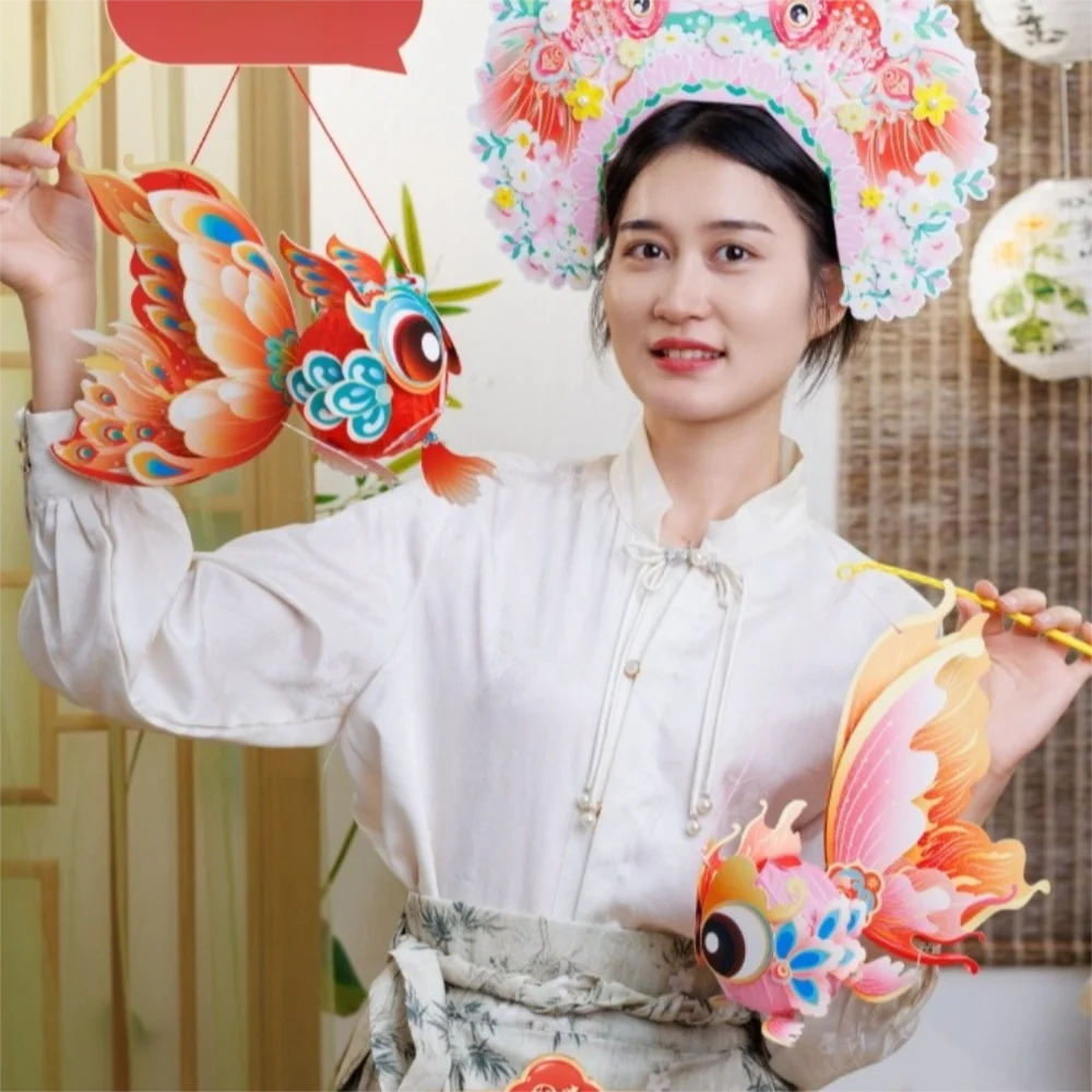 3D Middle Autumn Festival Lantern Fish Hand Made DIY Lantern Material Kit Chinese Style Paper Mid Autumn Lotus Lantern