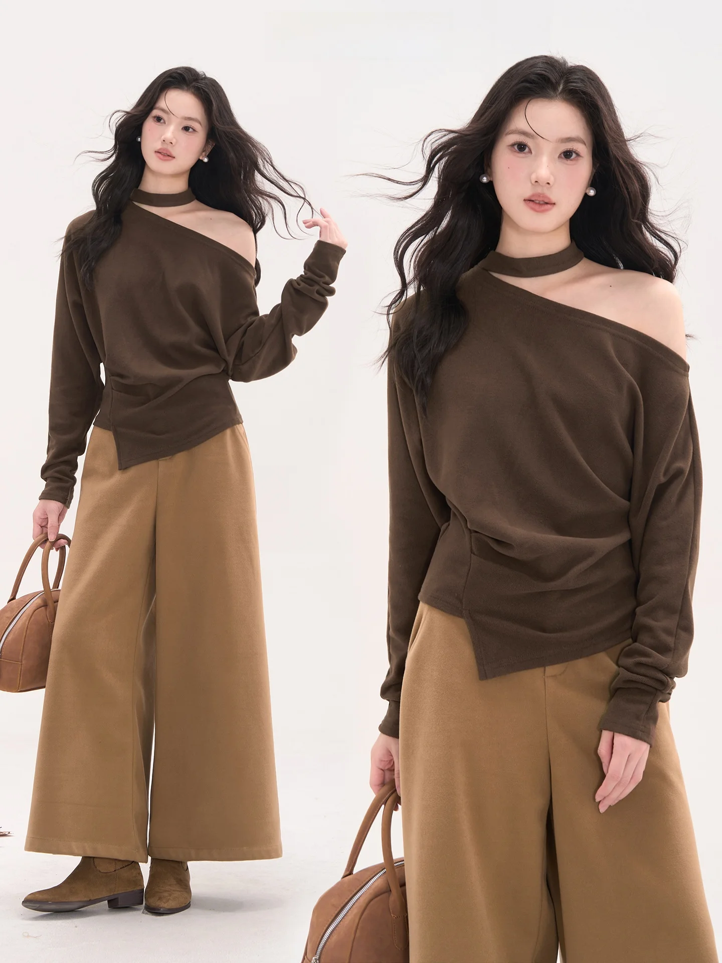 

Heme Ferris Wheel Tower Design Long Sve Fce Women's T-irt oulder Bared Autumn Winter Faion Retro Sle Top