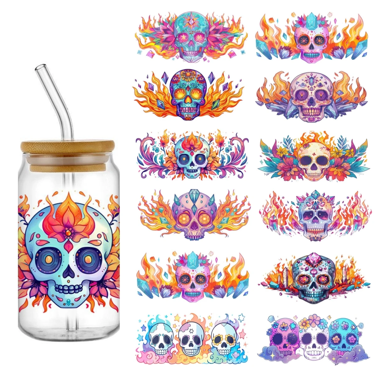 skull UV DTF Transfer Sticker Libbey 16oz Glass Cups Can Wraps Rub On Sticker Waterproof Bottle Sticker