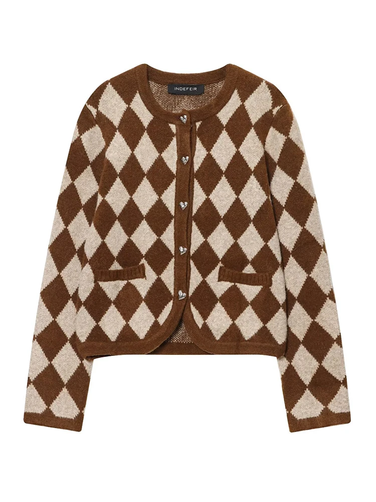 HH femmes mode décontracté polyvalent losange Jacquard tricoté manteau femme col rond amour simple boutonnage Cardigan haut à manches longues