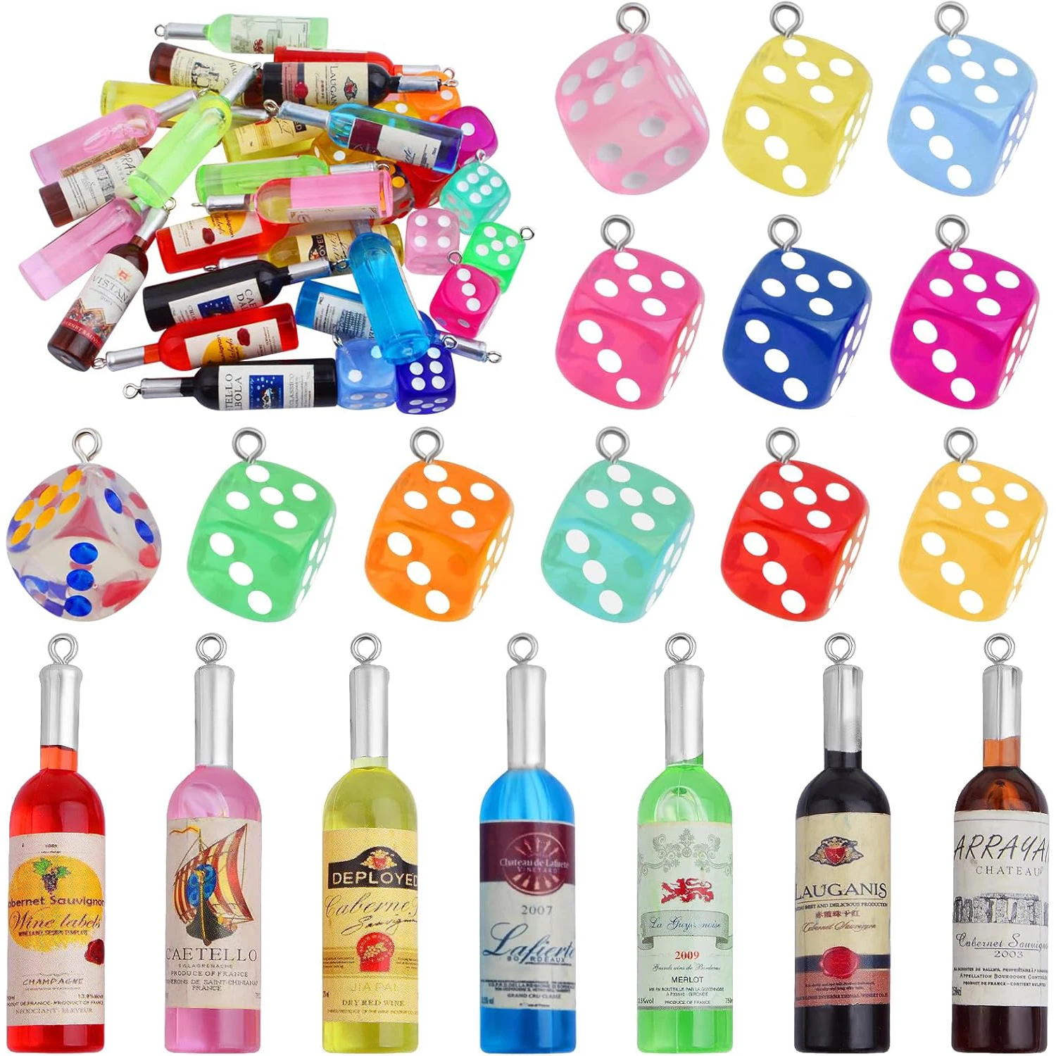

21 шт. пластиковых подвесок-этикеток для винных бутылок разных цветов и 12 шт. прозрачных разноцветных подвесок-кубиков для самостоятельного изготовления ожерелий и серег