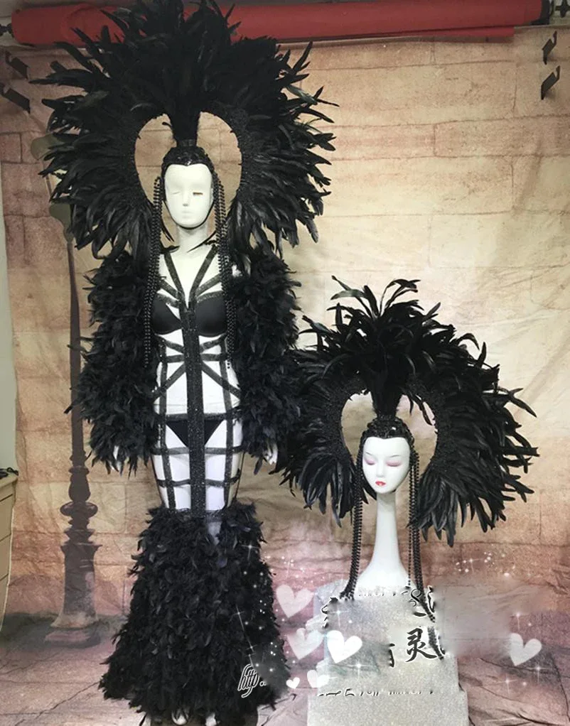 New  hollow tail skirt gogo commercial stage costumes black white feather headdress