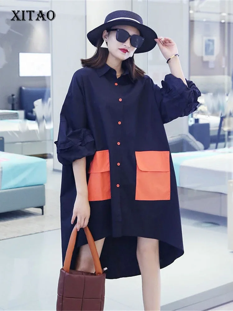 

XITAO Irregular Long Shirt Splicing Contrast Color Pocket Loose Fashion Casual Women New Three Quarter Lantern Sleeve GWJ2290