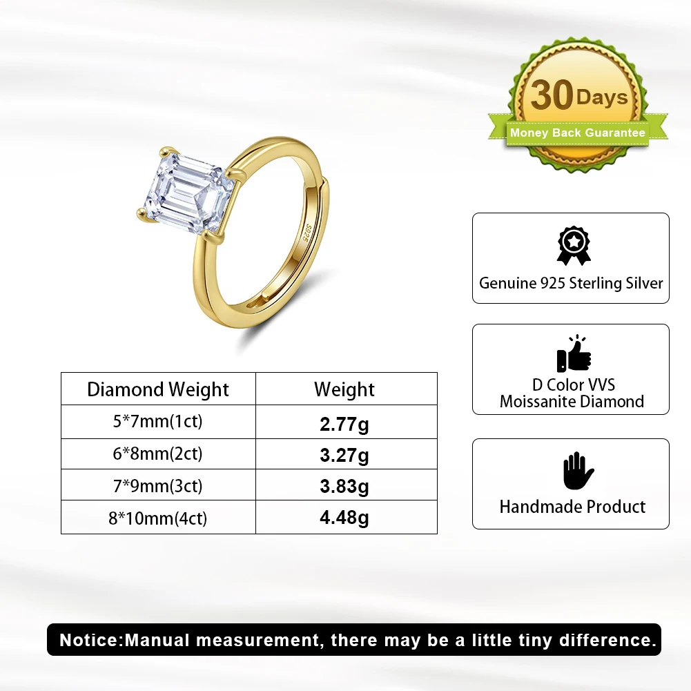 ORSA JEWELS 925 Silver Emerald Cut Moissanite Finger Rings 1ct 2ct 3ct 4ct Solitaire Ring Fine Jewelry Anniversary Gift SMOR07