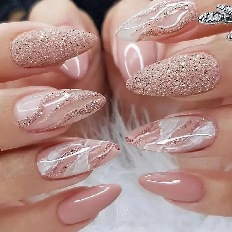 Faux ongles longs en poudre d'amande rose nude N64.Glitter, stiletto N64.Set, 24 pièces