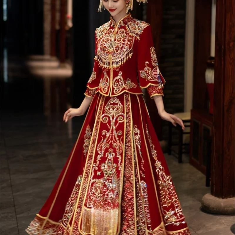 

Velvet new heavy industry luxury Chinese Longfeng gown wedding dress