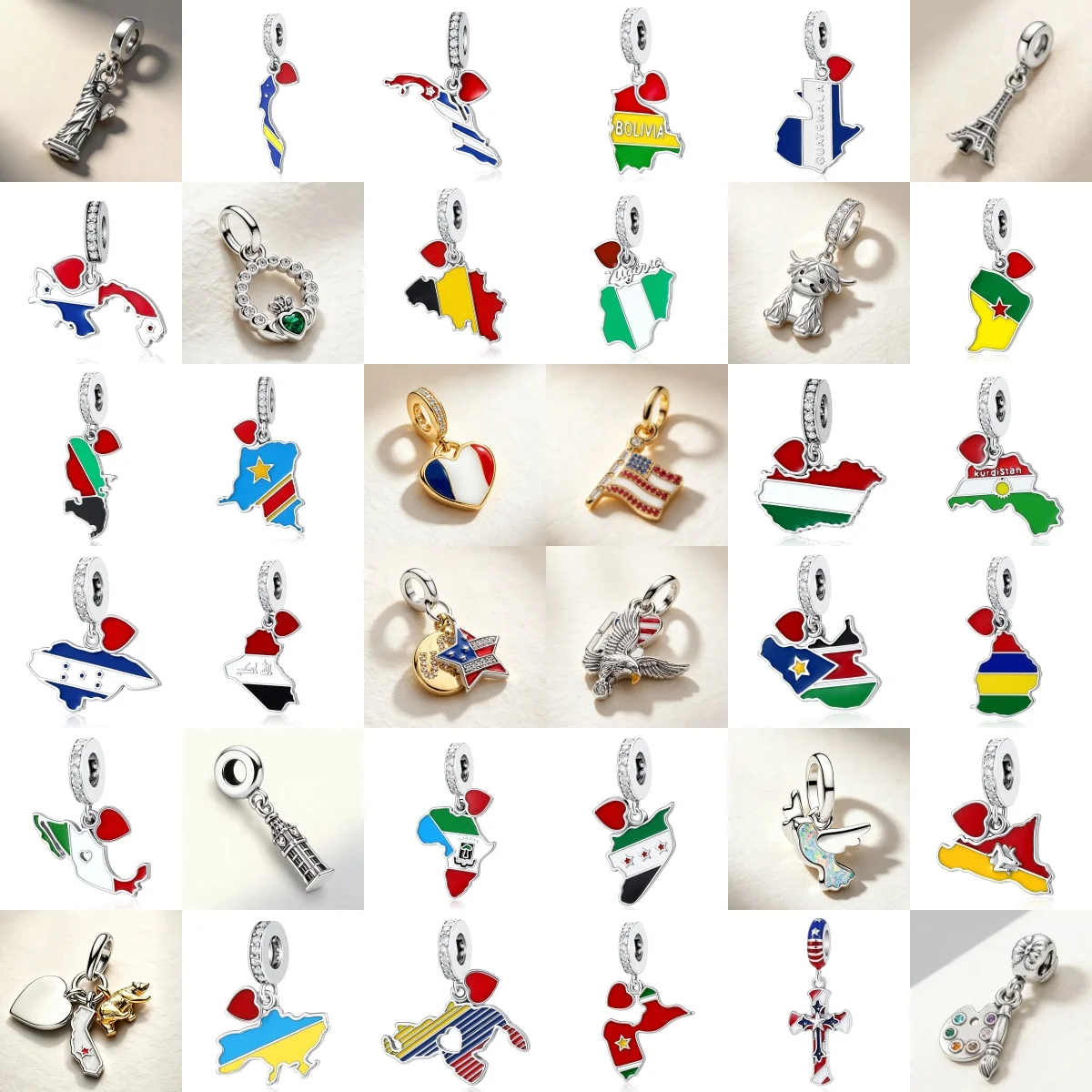 S925 Silver World National Map and Landmark Shaped Bead Tassel Enamel Pendant Jewelry, DIY Bracelet Necklace Jewelry Making Gift