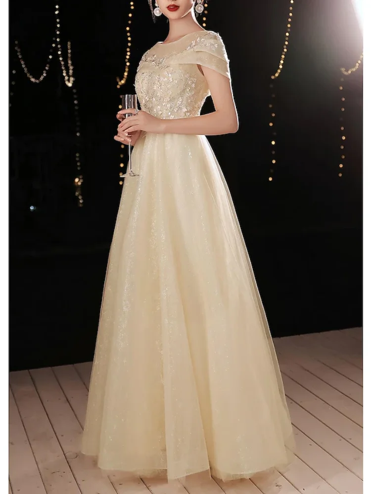 A linha bonita volta vestido de noite elegante formal manga chão comprimento ilusão laço com apliques Prom Party Gown