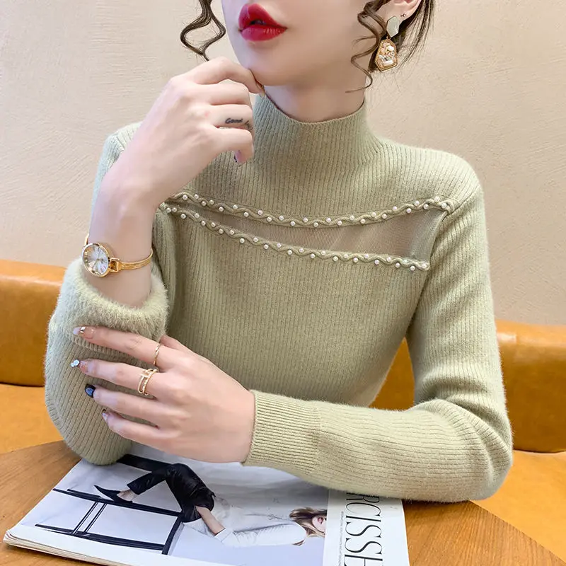 Jesień Zima Damska 2024 Nowy Spliced Half High Collar Gauze Hollow Out Fashion Solid Color Slim Casual Long Sleeve Knitted Top