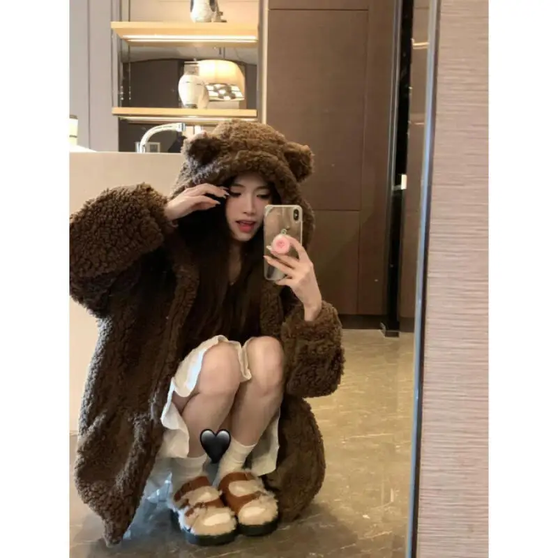 Y2K المرأة السوداء القط الأذن مقنعين سترة الجمالية المتضخم الشارع الشهير معطف شتاء جديد دافئ الجرونج سستة رداء علوي غير رسمي الموضة #3