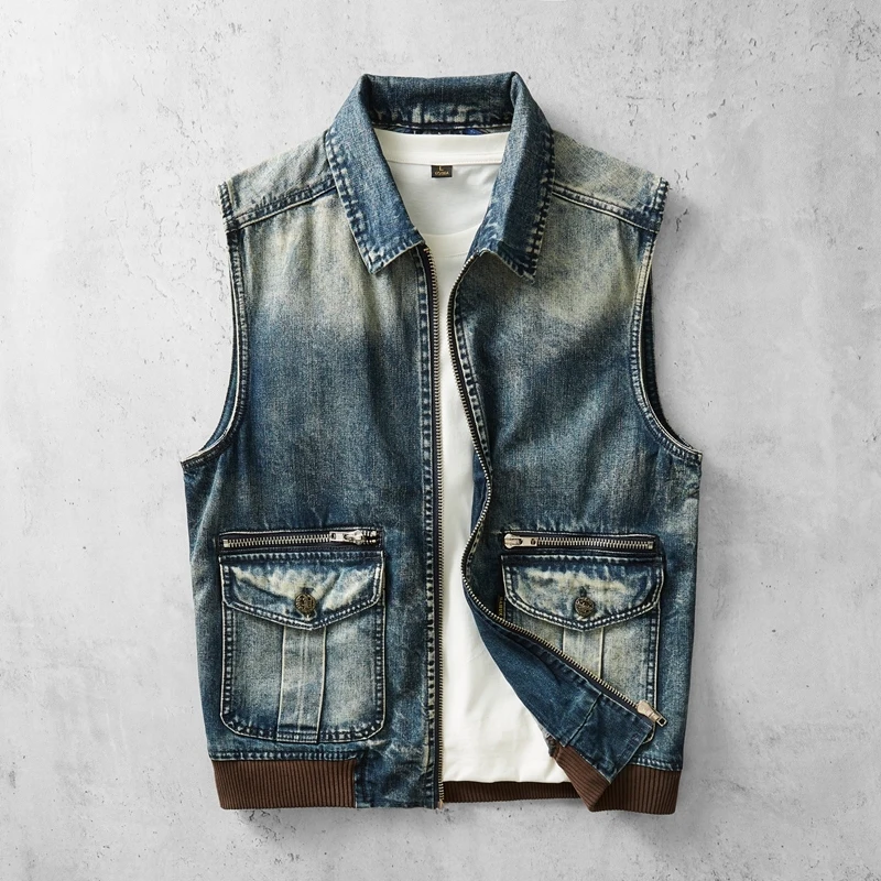 Men's Vintage Denim Work Vest - Rugged Outdoor Zip-Up Sleeveless Jacket with Multiple Pockets, Retro Biker Style