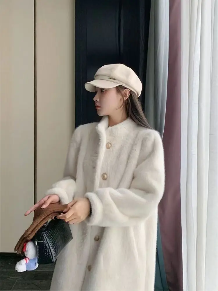 Faux Fur Elegant Coats Womens Golden Round Neck Festival Wife Fashionable Brown Streetwear Pockets Flare Waist Drawstring Down