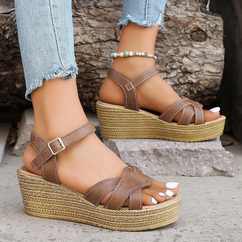 Cross Strap Wedge Sandals for Women Summer 2024 Chunky Platform Gladiator Sandalias Mujer Thick Sole Non Slip Beach Shoes Woman