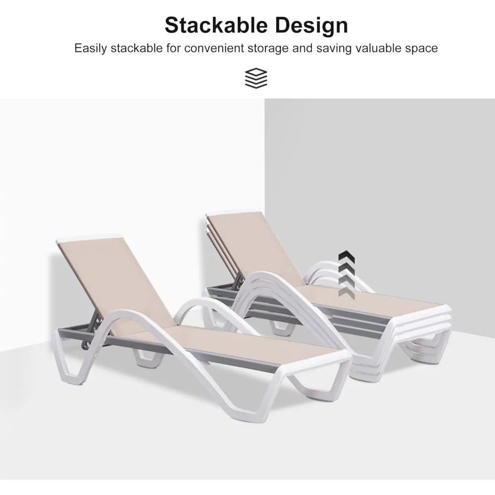 3-Piece Patio Chaise Lounge Set, Aluminum Plastic Stackable Chairs with Armrests & Side Table for Pool & Beach