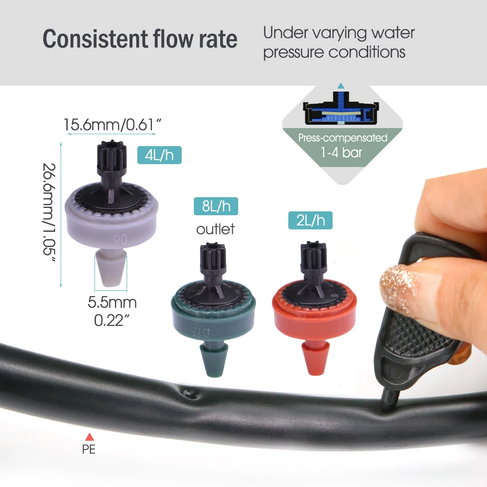 50PC nowy 2/4/8L ogród ciśnieniowy zakraplacz rośliny rolnicze nawadnianie kropelkowe trawnik stałe emitery przepływu dysze 1/4 \